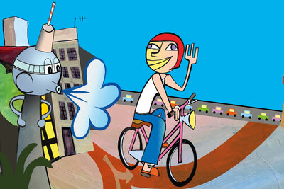 In a comic-style illustration, a cyclist is shown riding along a bike path in the city against a blue sky. An anthropomorphized Berlin TV Tower is blowing a tailwind in her direction. On the horizon is a street with many cars and buildings.