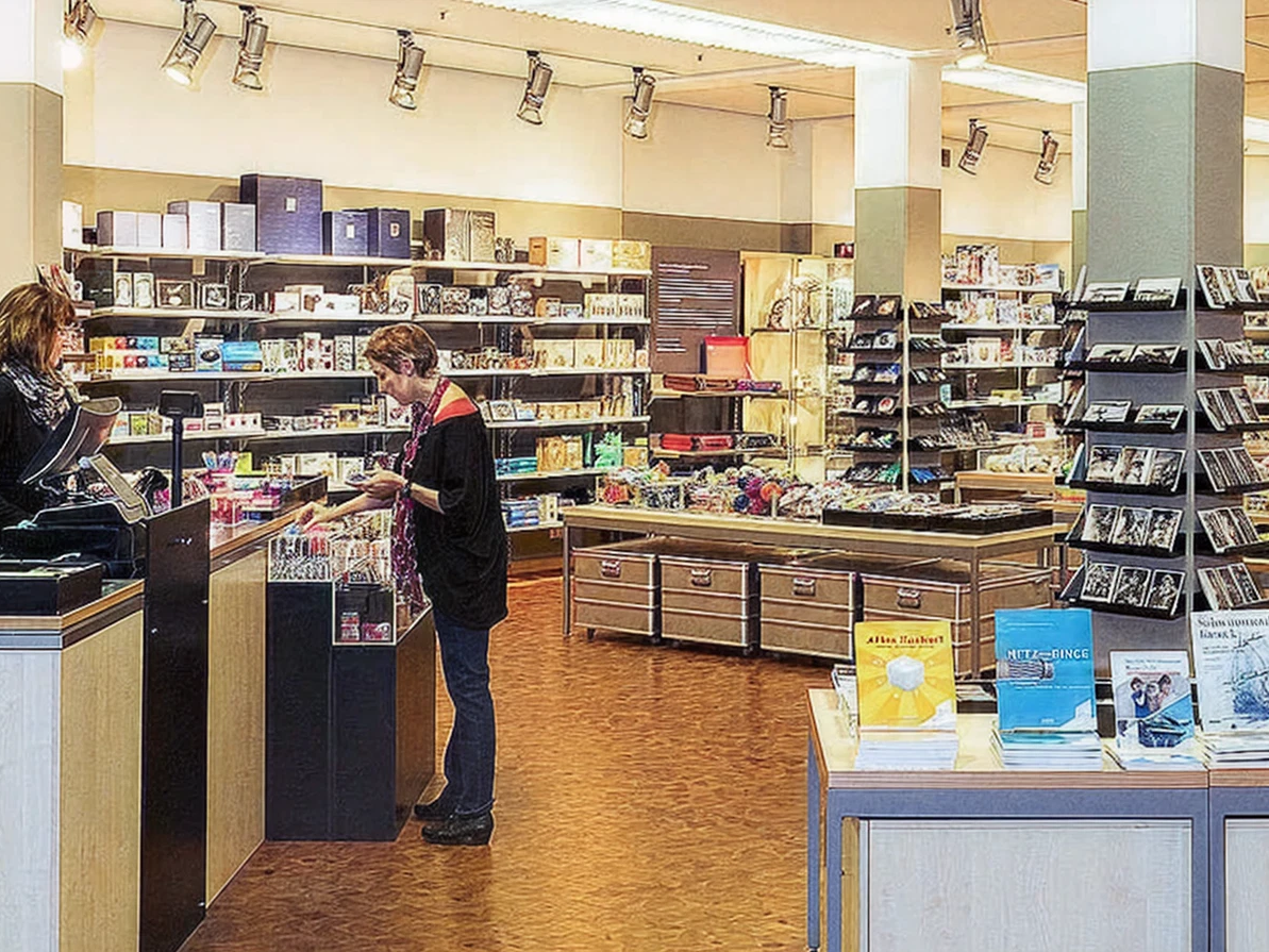 Blick in den Museumsshop: Eine Besucherin steht an der Kasse, umgeben von Regalen mit Büchern und Souvenirs. Im Vordergrund liegen Bücher auf Verkaufstischen.