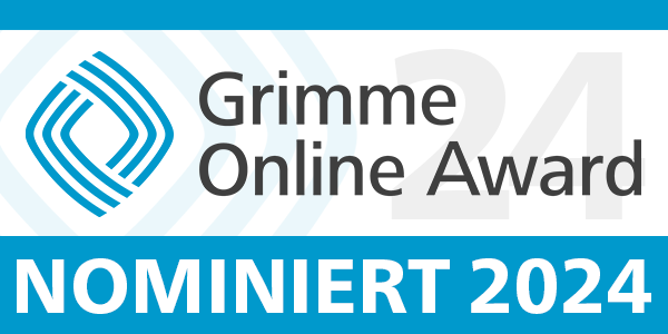 Grimme Online Award logo marking the 2024 nomination. The words „Grimme Online Award“ appear in black beside a blue diamond-shaped logo. Beneath them, white text on a blue background reads „nominiert 2024“.