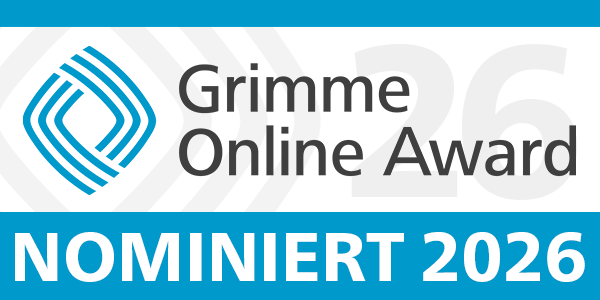 Grimme Online Award logo for the 2026 nomination. The words “Grimme Online Award” appear in black beside a blue, diamond-shaped logo. Beneath them, the words “nominiert 2026” appear in white on a blue background.