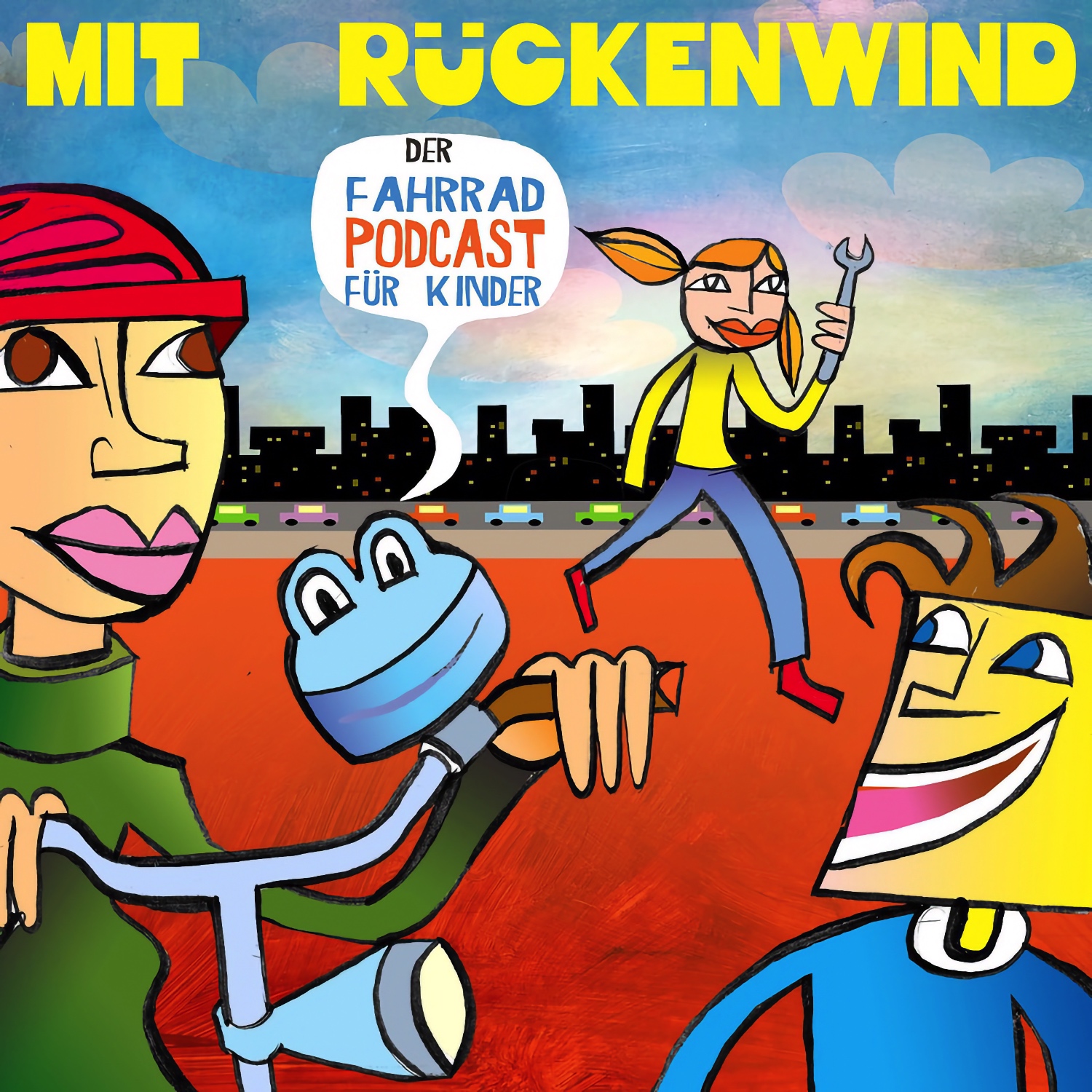Podcast cover for "Mit Rückenwind – The Bicycle Podcast for Kids," featuring colorful cartoon characters on an orange-and-blue background with a city skyline.