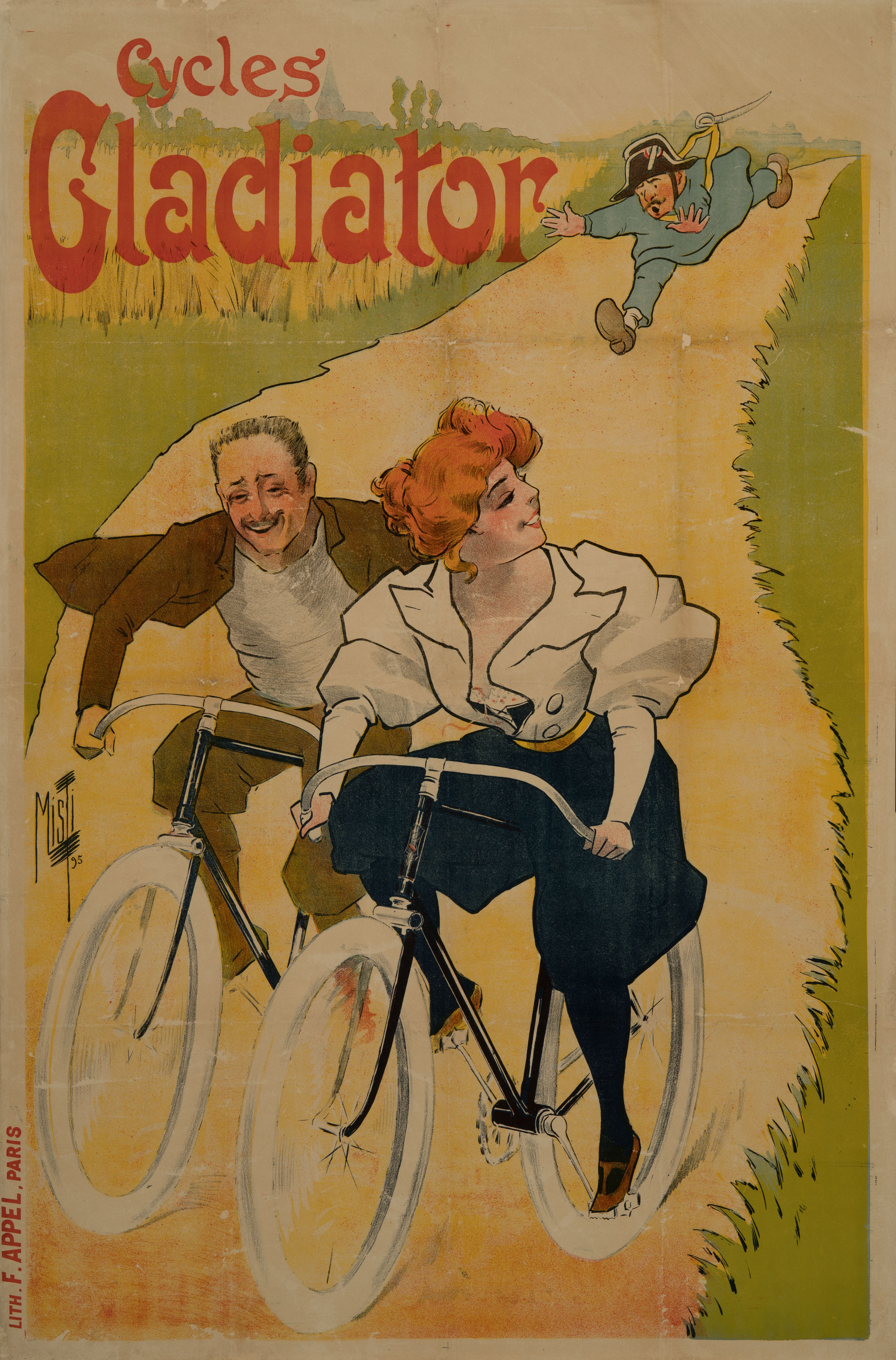  The center of the poster features a couple on bicycles: she is wearing a white blouse and black harem pants; he is wearing brown knickerbockers. His brown jacket flutters in the wind. In the upper part of the image, a soldier or police officer in a blue uniform with a bicorne hat and a sword can be seen. He is rushing after the couple with his arms outstretched. To the right of him is the lettering “Cycles Gladiator.” 
