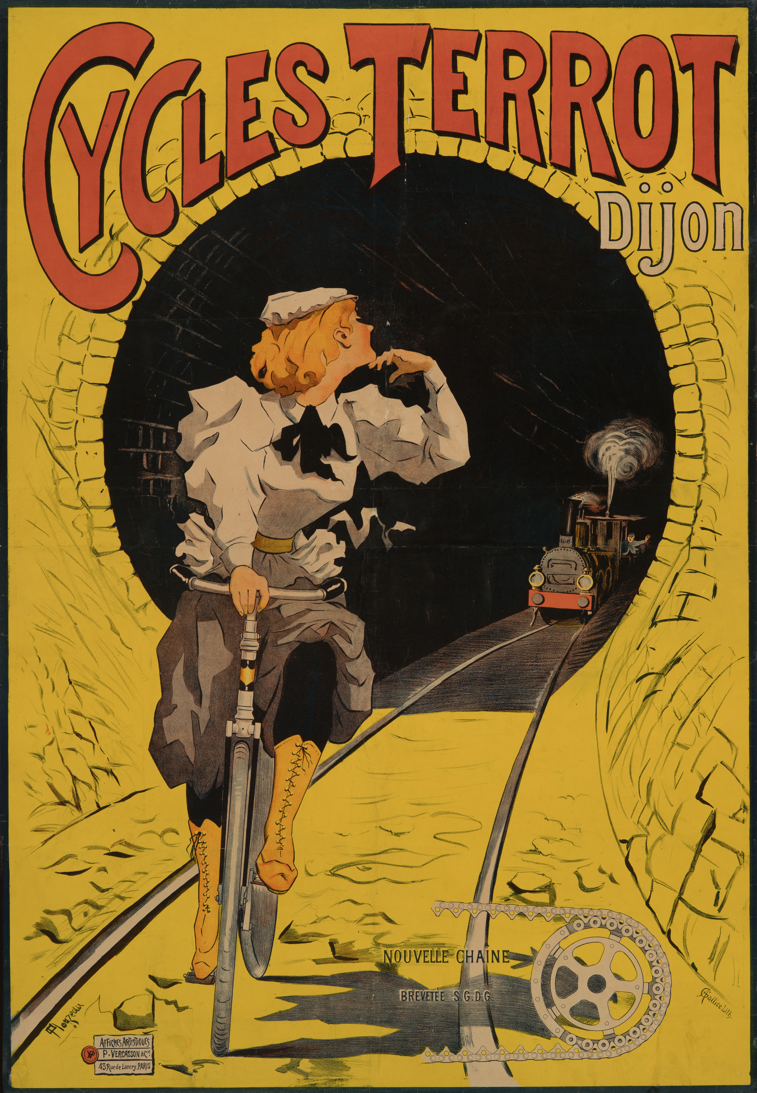 The poster shows a woman wearing a gray skirt and a black blouse. She is riding a bicycle straight out of a railroad tunnel. She has turned her head back and is casting a haughty glance behind her. A steam locomotive is following her; it is still inside the tunnel. You can make out the silhouette of the waving engineer. Above the tunnel is the inscription “Cycles Terrot Dijon.” In the lower right corner is a bicycle sprocket with a chain labeled “nouvelle chaine Brevetèe S.G.D.G."