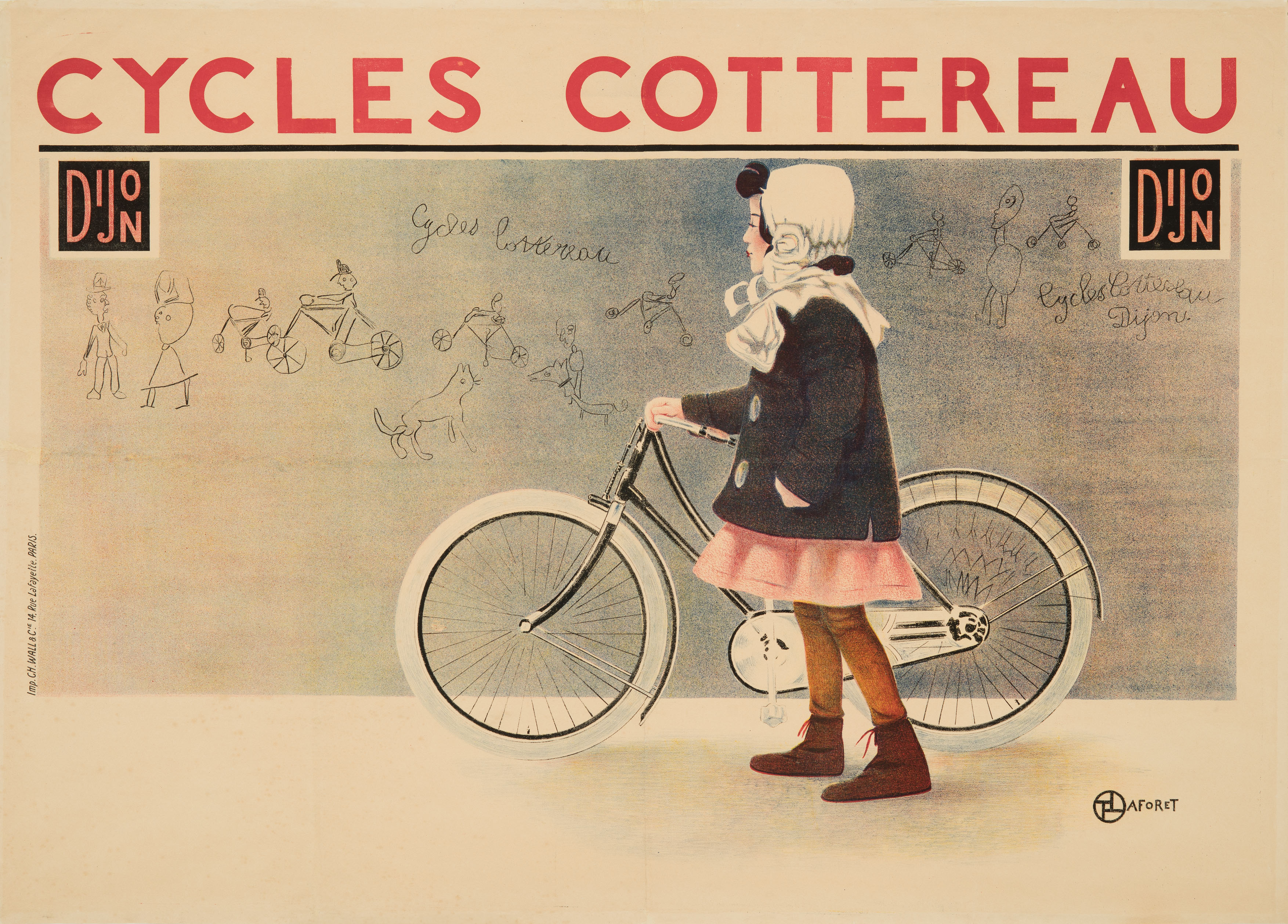The center of the poster features a girl of about ten years old wearing a pink skirt, a black coat, and a white hat. She is pushing a black children’s bicycle along a wall. On the wall are childlike line drawings. They depict people on bicycles, dogs, and a couple. Also, the phrase “Cycles Cottereau Dijon” appears twice in childlike handwriting. The same phrase is written in block letters above the scene.