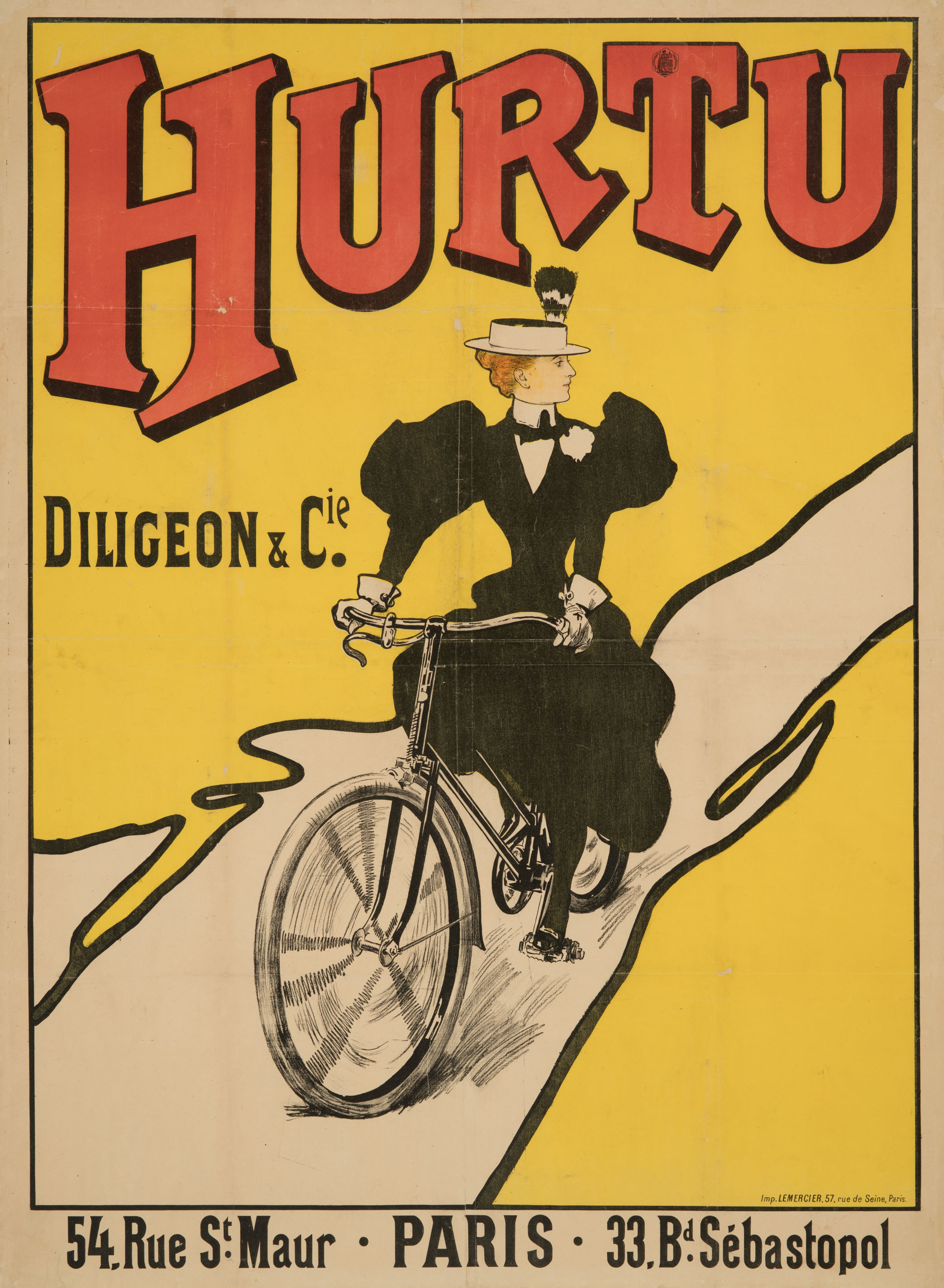 The focal point of the advertising poster is a woman wearing a white hat and a black dress. She is riding a black bicycle toward the lower-left corner of the image. The upper third of the image is dominated by the striking lettering “Hurtu,” in red on a yellow background. Below that, in smaller letters, is “Diligeon & Cie.”