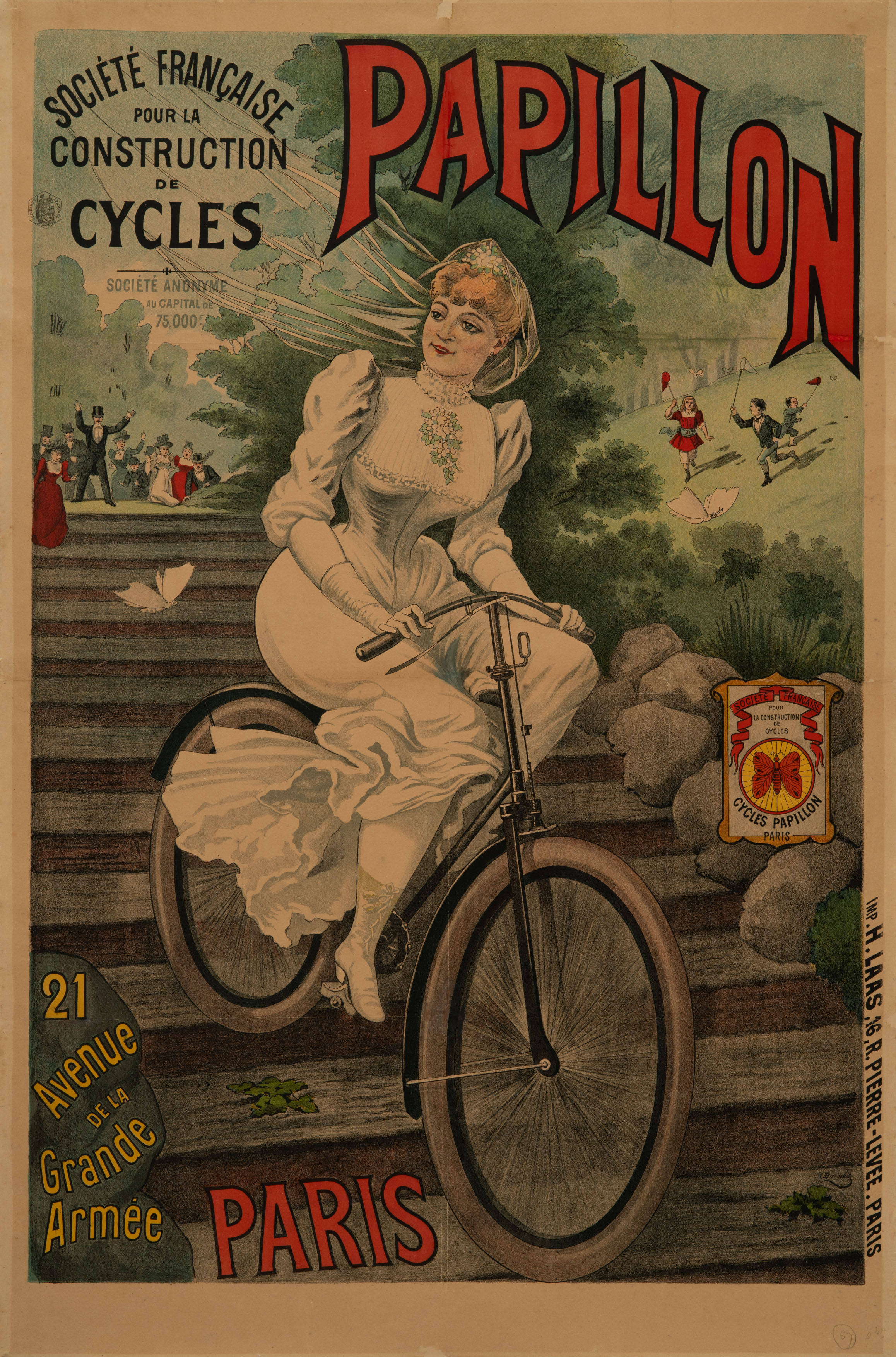 The focal point of the advertising poster is a bride in a white wedding dress with a veil. She is riding down a long flight of stairs on a black bicycle, smiling slightly. She is accompanied by two white butterflies. At the top of the staircase, the wedding party can be seen in the distance. In the center of the group stands the groom, waving his arms and calling after the bride. The scene is set against a park landscape. In the background on the right, three children are catching butterflies with colorful nets.  Above that is the word “Papillion.”