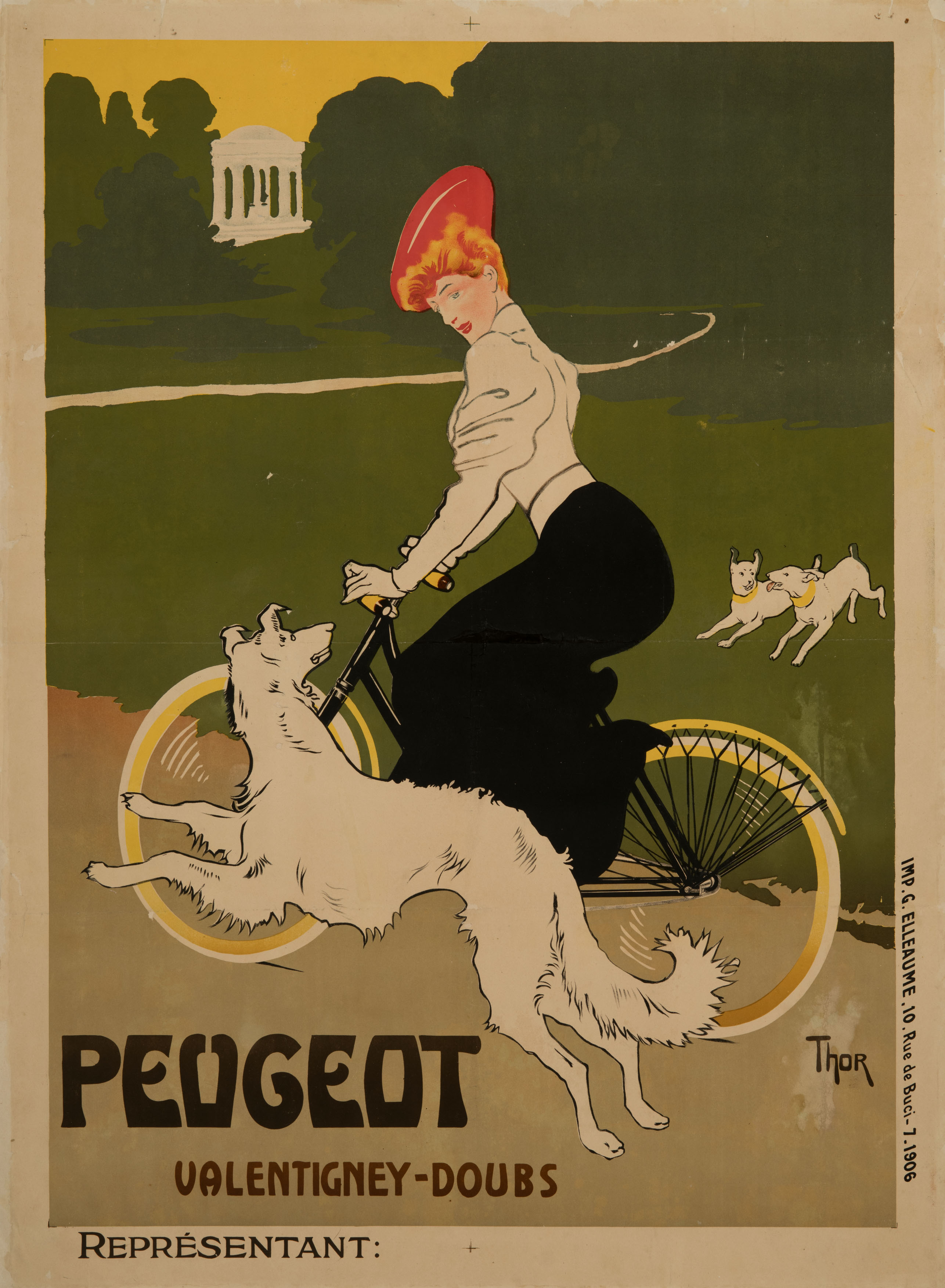The focal point of the advertising poster is a woman wearing a red hat, a white blouse, and a black skirt. She is riding a ladies’ bicycle from left to right. In the foreground, a large white dog is jumping over the lettering “Peugeot Valentigney-Doubs.” The background features a park landscape with a white temple and two other white dogs.