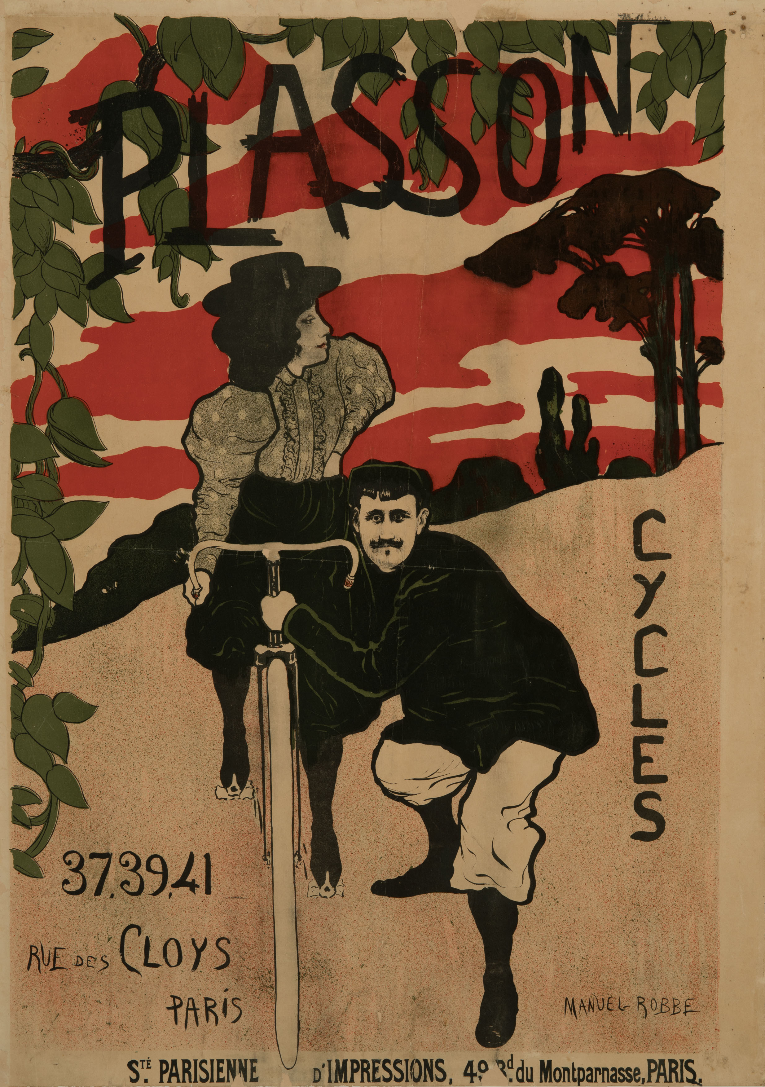 The focal point of the advertising poster is a woman wearing a gray blouse and a black hat. She is sitting on a bicycle being held by a man who is leaning forward slightly. The scene is framed by green foliage and the brand name “Plasson Cycles.”