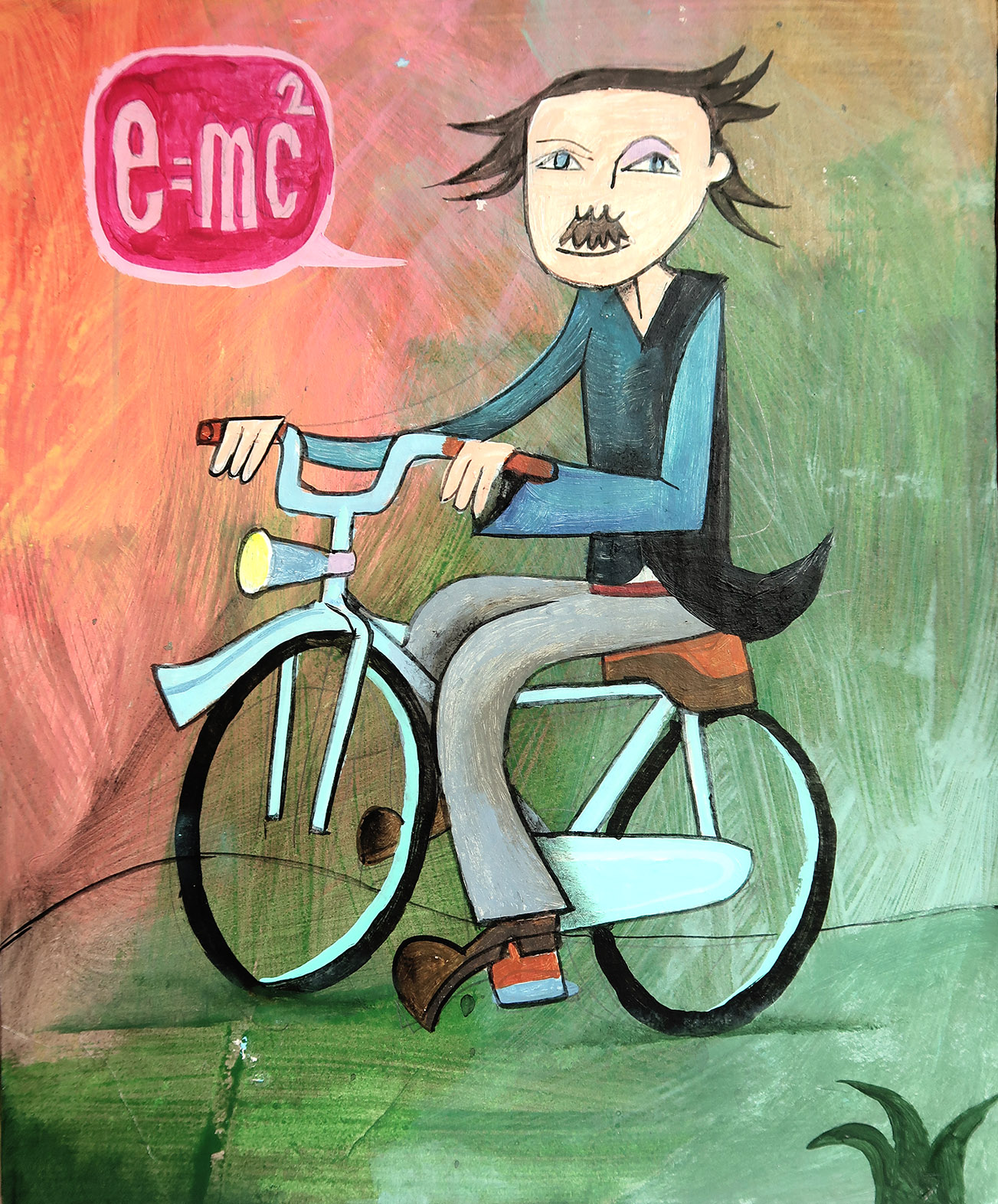 Illustration of a young Albert Einstein sitting on a bicycle and thinking about the formula for the theory of relativity in a thought bubble: e = mc²