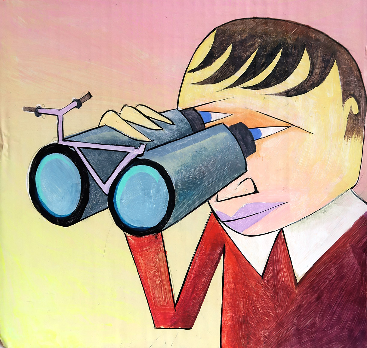 Illustration of a person wearing a sweater and a shirt, holding a pair of binoculars up to their eyes. From the front, the binoculars look like a small bicycle.