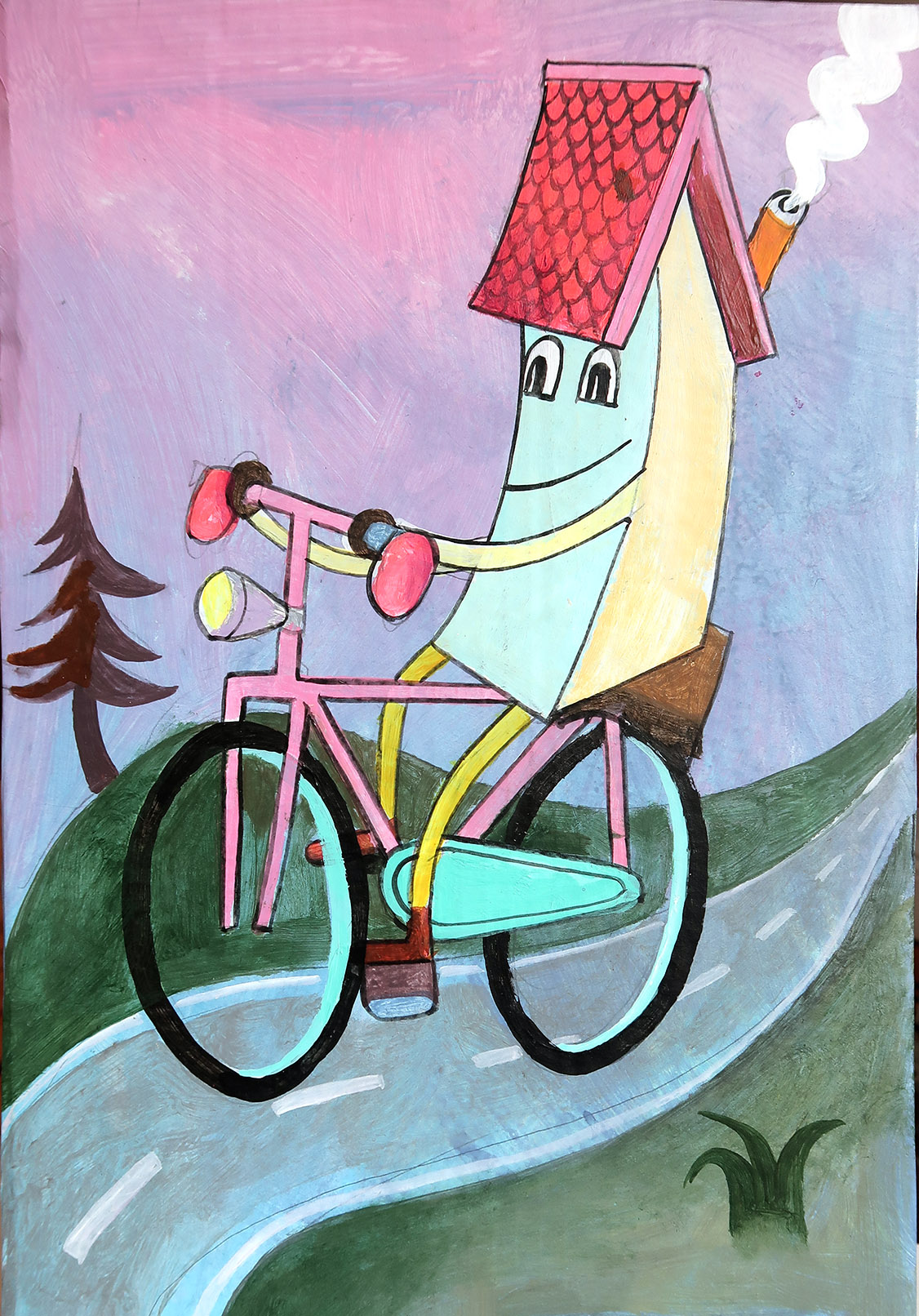 Illustration of an anthropomorphic house with a red-tiled roof riding a bicycle on a country road surrounded by greenery.
