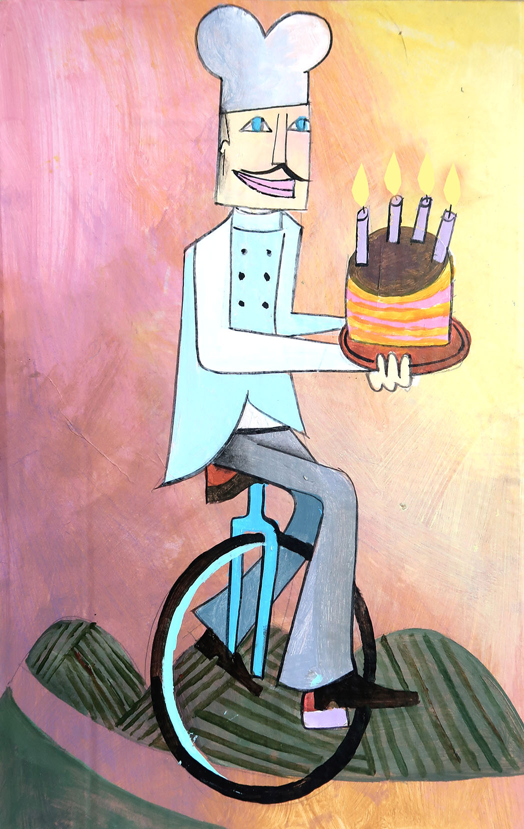 Illustration of a chef wearing a tall chef's hat, holding a birthday cake and balancing on a unicycle.