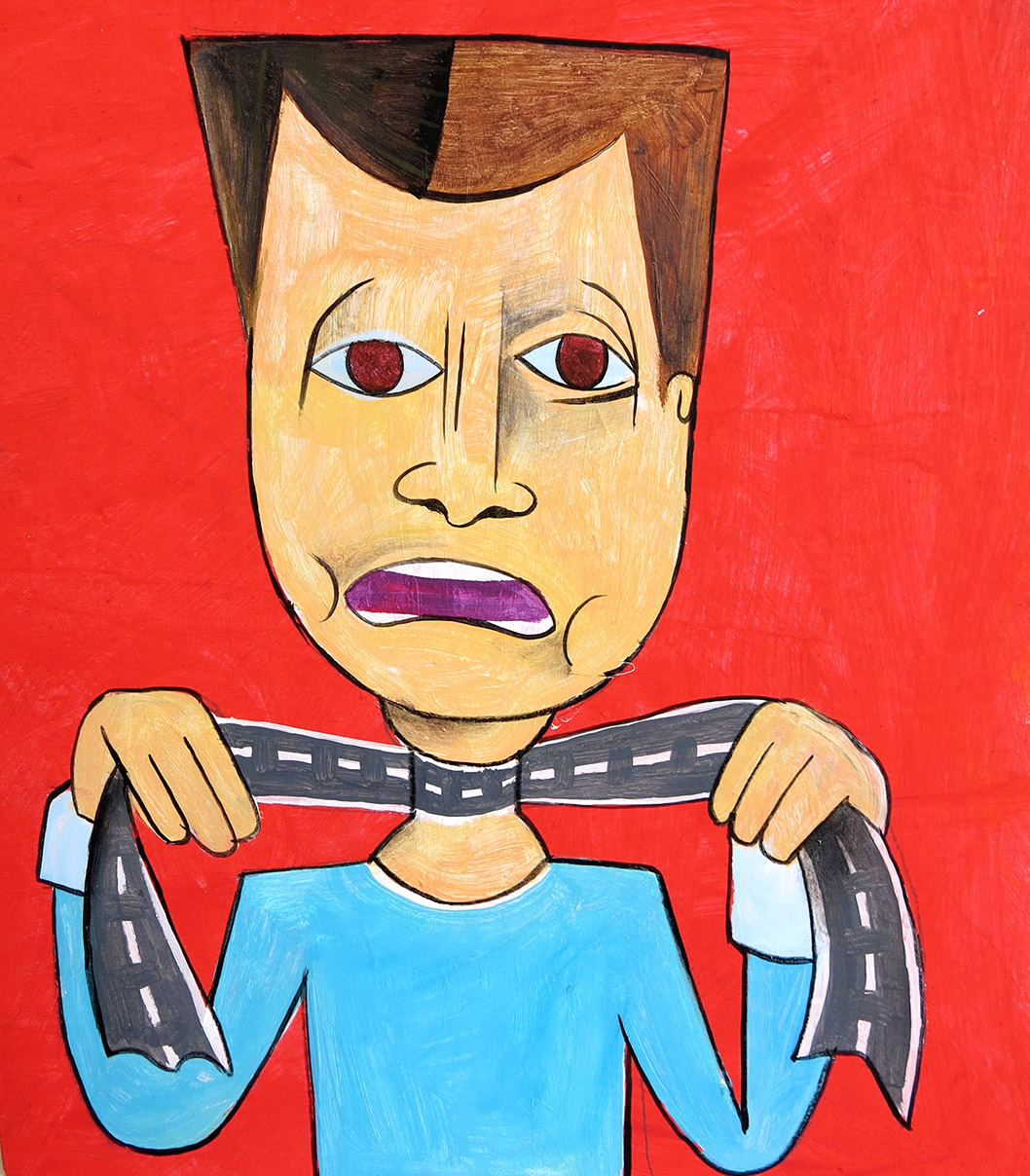  An illustration of a person strangling themselves with a scarf shaped like a road.