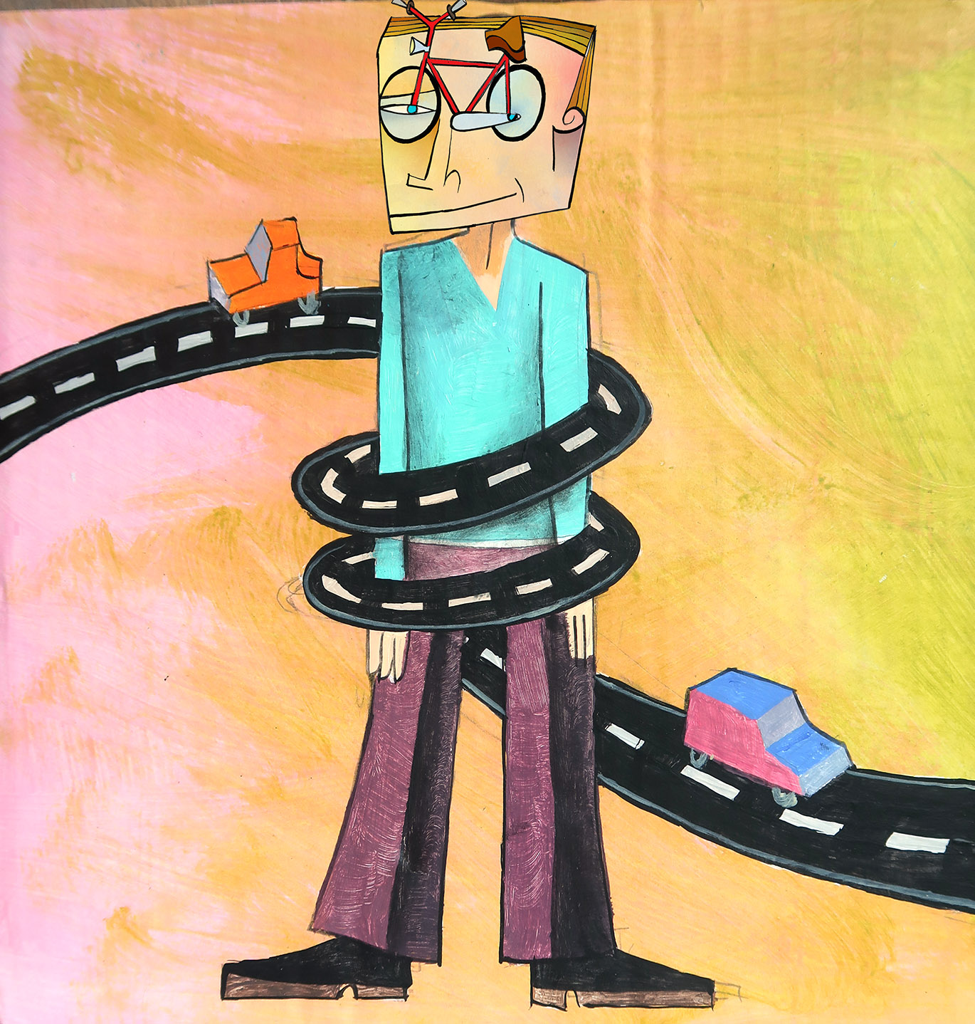  An illustration of a man wearing bicycle-shaped glasses on his nose, surrounded by a street filled with small cars, as if he were wrapped around by a boa constrictor.