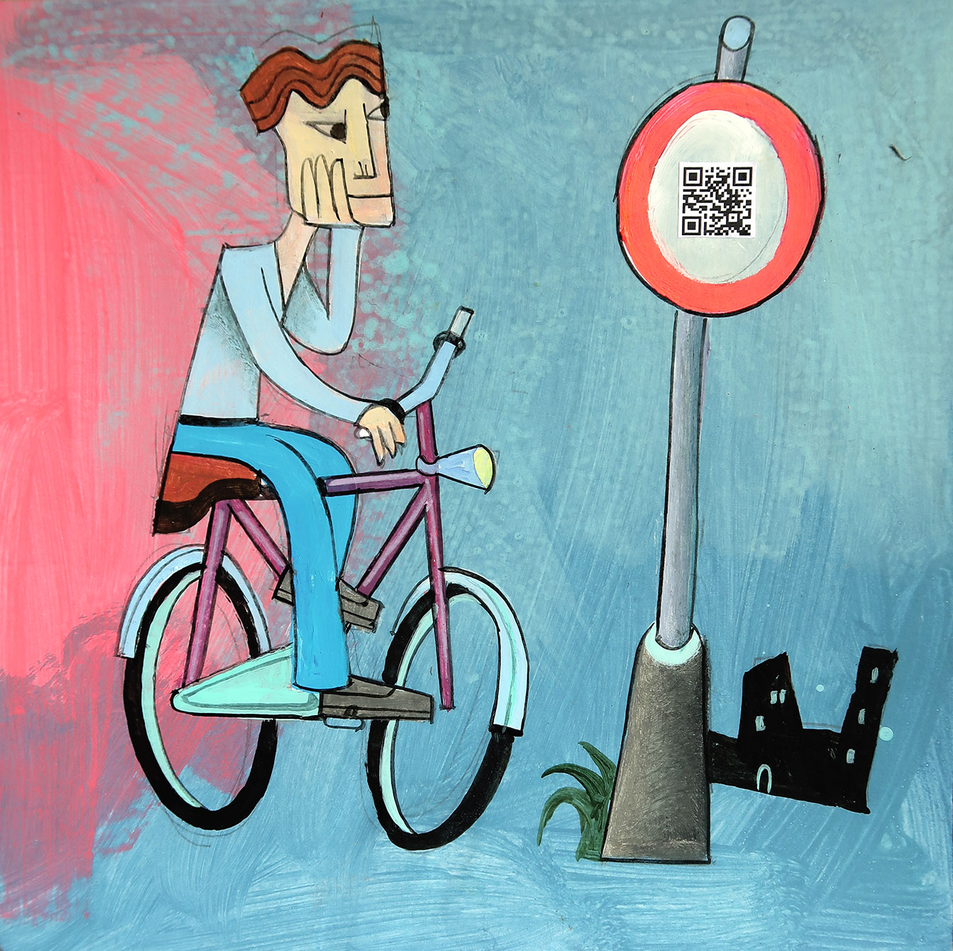 Illustration of a man on a bicycle standing helplessly in front of a "No Entry" sign with a QR code.