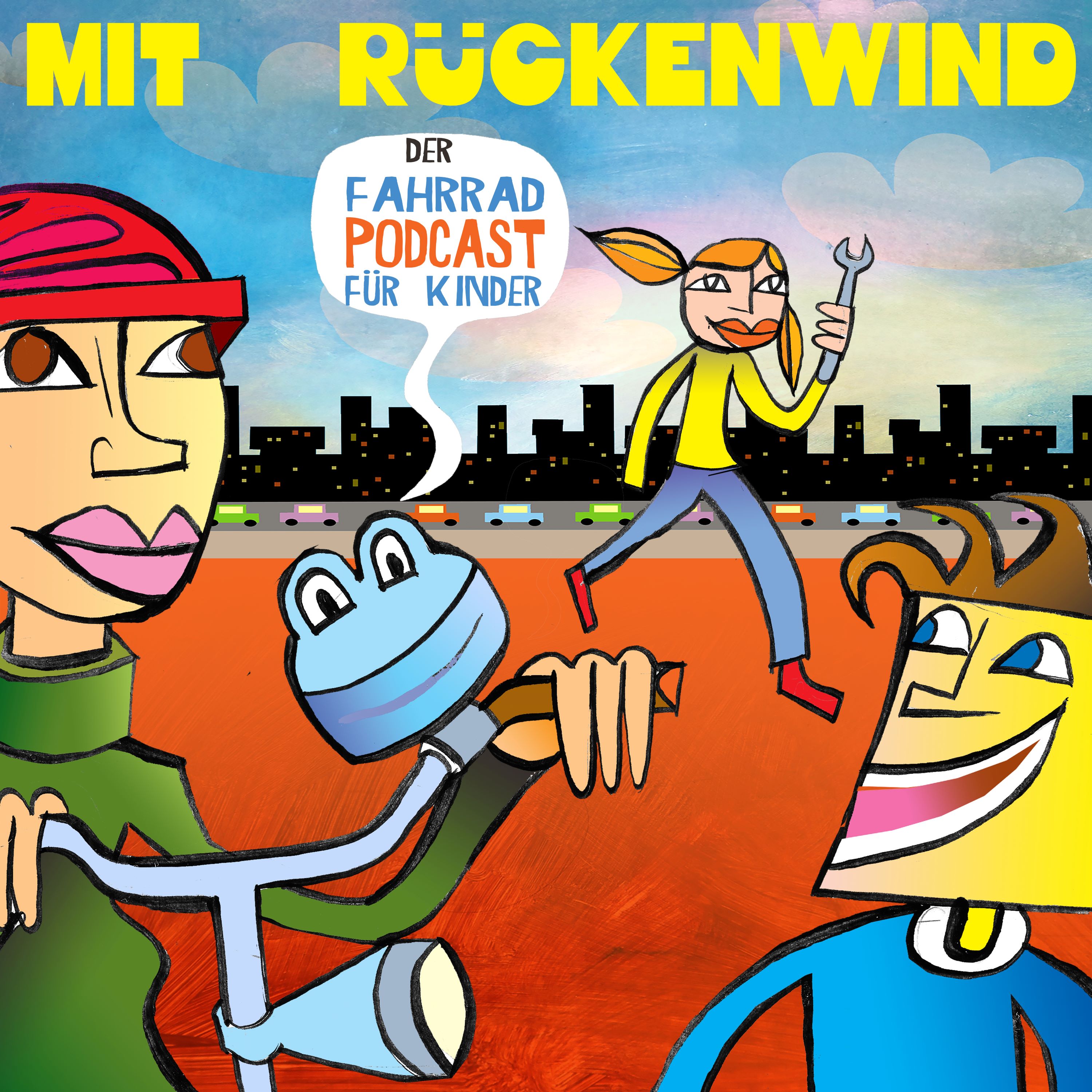 Colorful cover of the podcast “Mit Rückenwind – The Bicycle Podcast for Kids.” Drawn characters with a bicycle and tools, set against a city skyline featuring cars, the sky, and clouds.