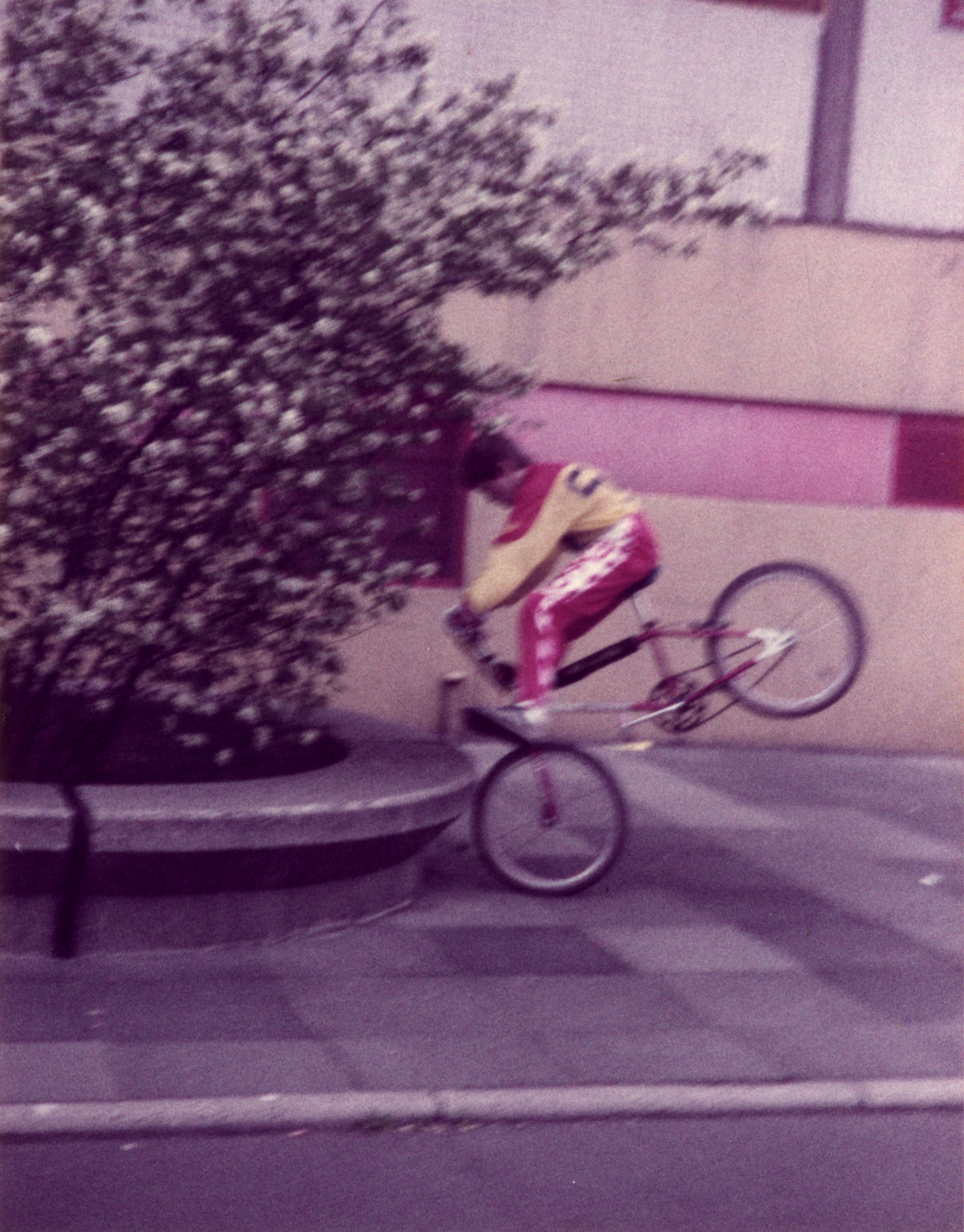 A boy on a BMX bike is performing a trick in which the rear wheel hovers in the air.