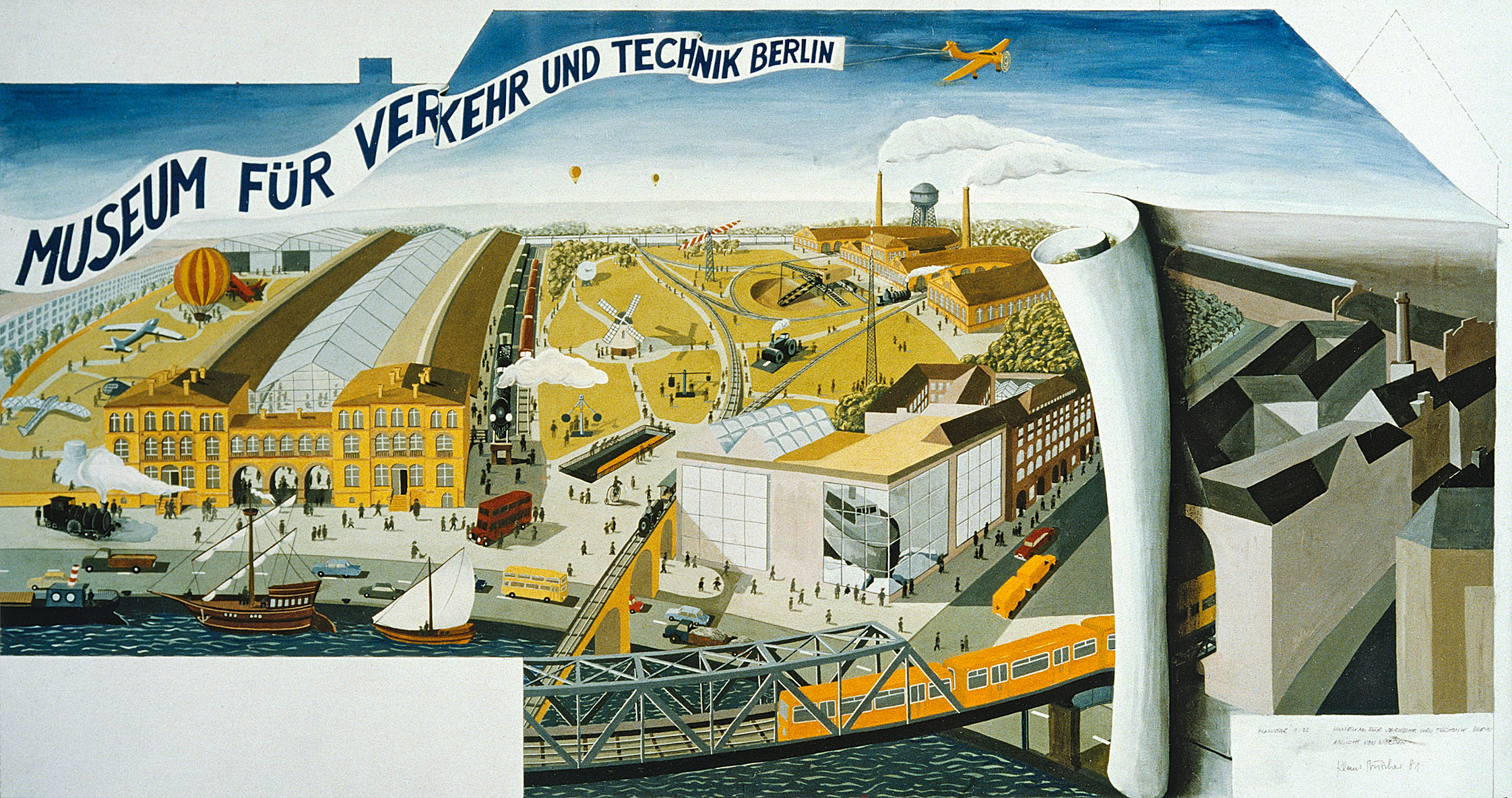 A pictorial scroll reveals a painted vision of the Museum of Transportation and Technology: an original steamboat in the new building, mills in the park, a locomotive belching smoke on Ladestraße, and historic ships sailing on the Landwehr Canal. Above it all, a banner reads “Museum of Transportation and Technology Berlin.”